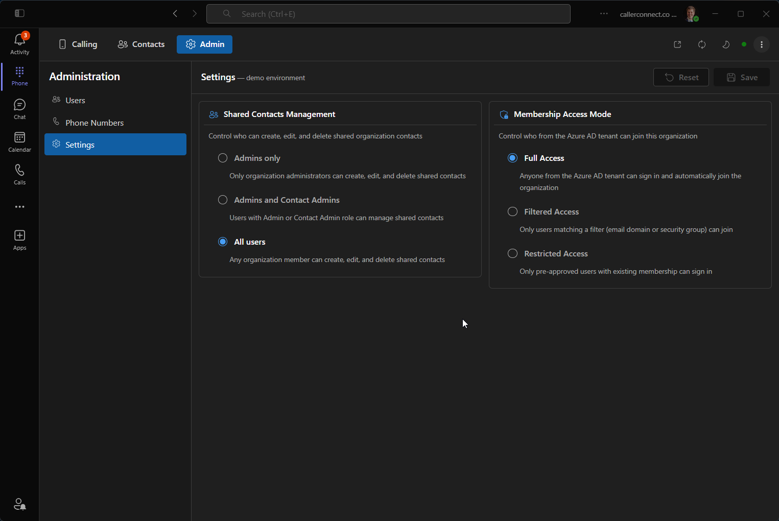 Admin settings for shared contacts and membership access mode