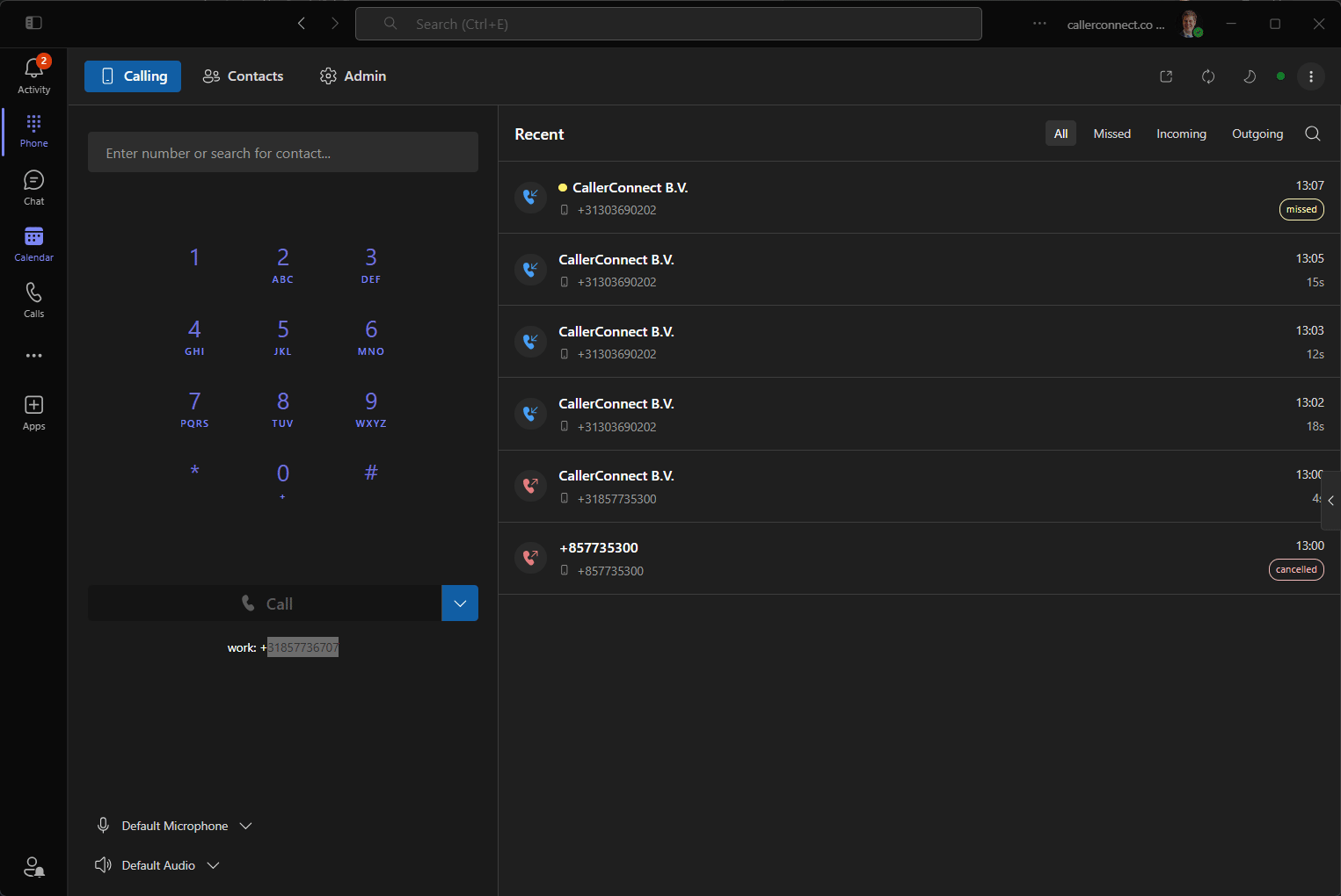 Phone calling tab inside Microsoft Teams
