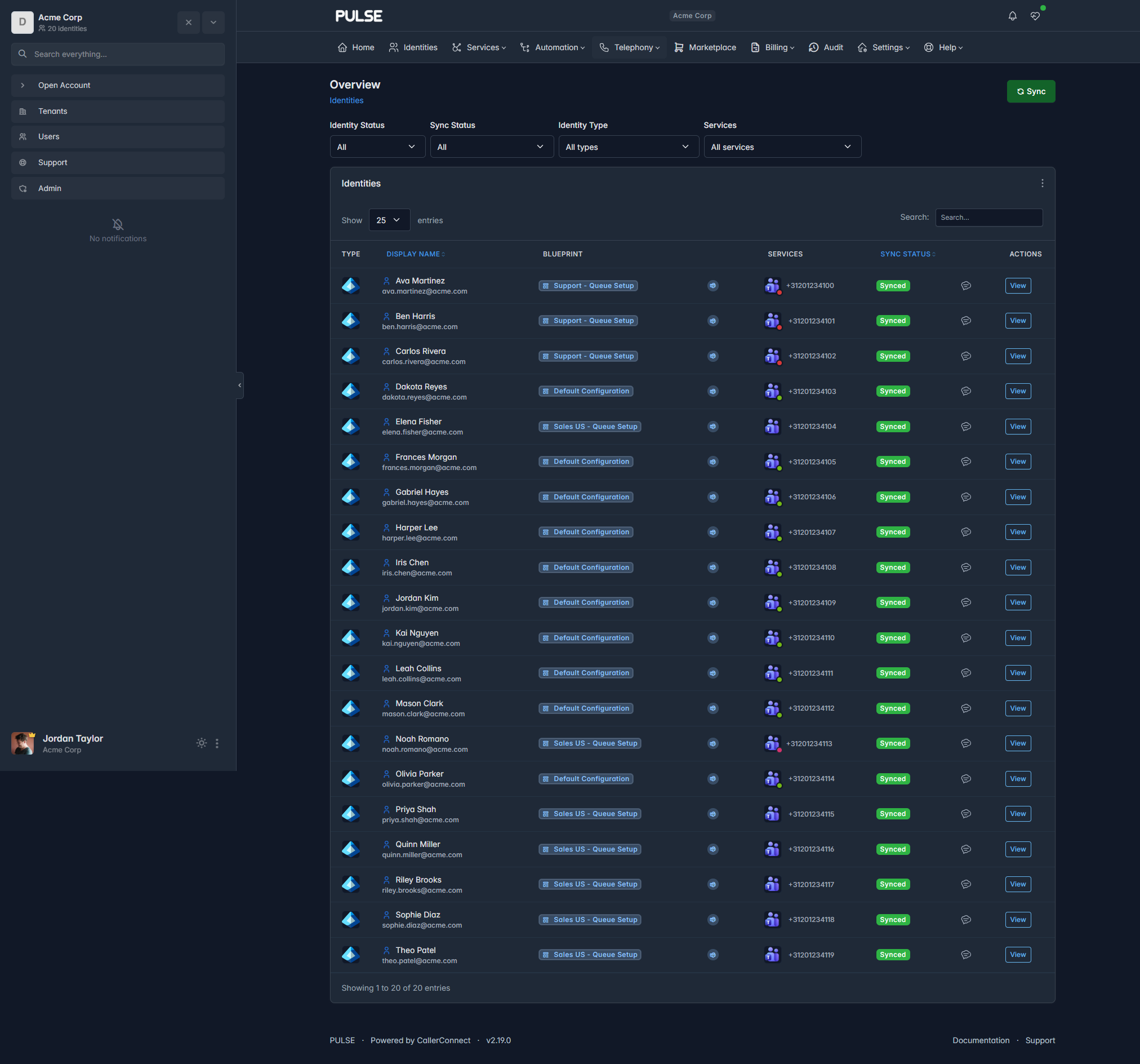 Identities list with alignment, services and sync status per user